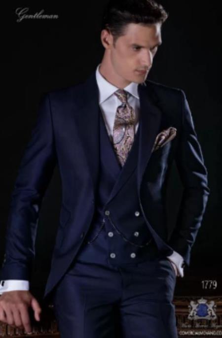 Mens Suits With Double Breasted Vest - Single Button Peak Lapel Navy Blue Suits