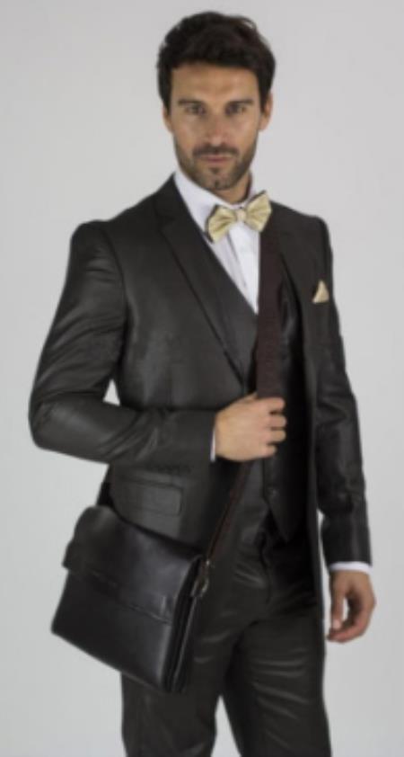 Mens Slim Fit Vested Suit - Slim Fit 3 Pieces Brown Suit
