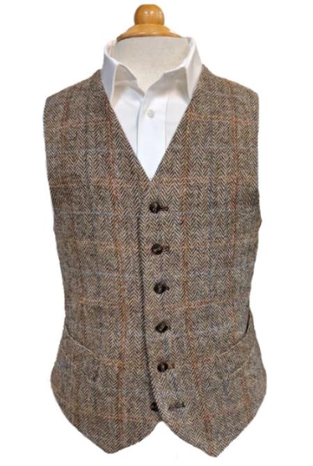 Mens Tweed Vest - Beige - Wool