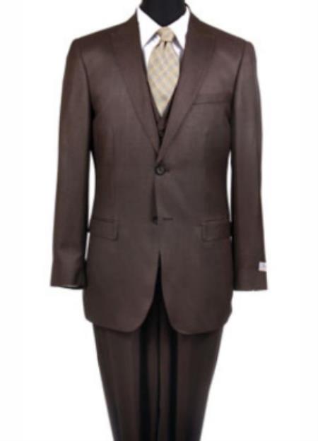 Mens Slim Fit Vested Suit - Slim Fit 3 Pieces Brown Suit - Wool