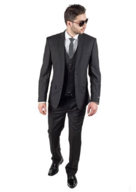 Mens Slim Fit Vested Suit - Slim Fit 3 Pieces Black Suit