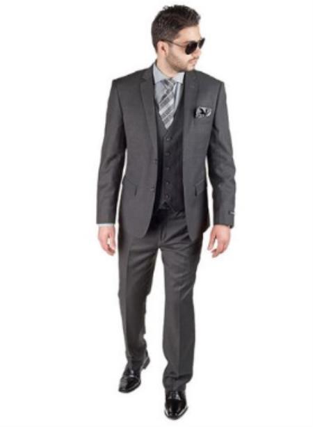 Mens Slim Fit Vested Suit - Slim Fit 3 Pieces Charcoal Grey Suit