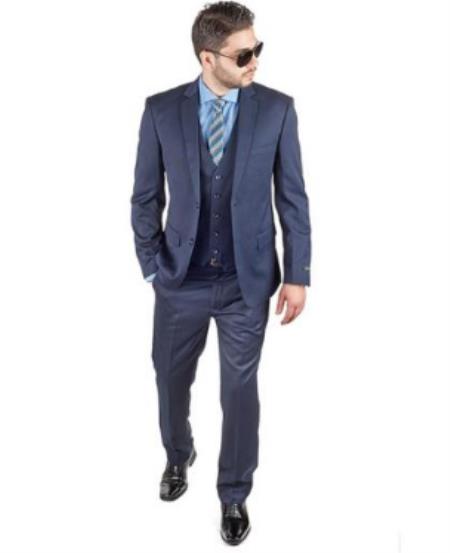 Mens Slim Fit Vested Suit - Slim Fit 3 Pieces Navy Blue Suit