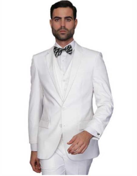 Mens Slim Fit Vested Suit - Slim Fit 3 Pieces White Suit - Wool