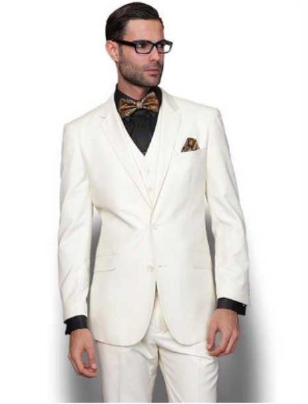 Mens Slim Fit Vested Suit - Slim Fit 3 Pieces Cream Suit - Wool