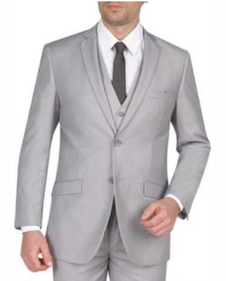 Mens Slim Fit Vested Suit - Slim Fit 3 Pieces Light Grey Suit