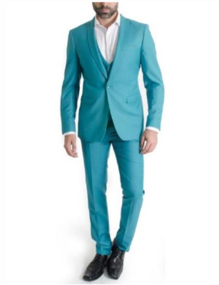 Mens Slim Fit Vested Suit - Slim Fit 3 Pieces Turquoise Suit - RET208-19