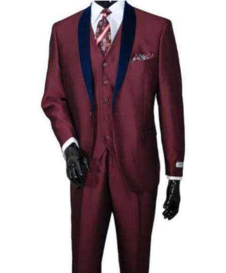 Burgundy and Navy Blue Lapel Vested 3 Piece Tuxedo Suit