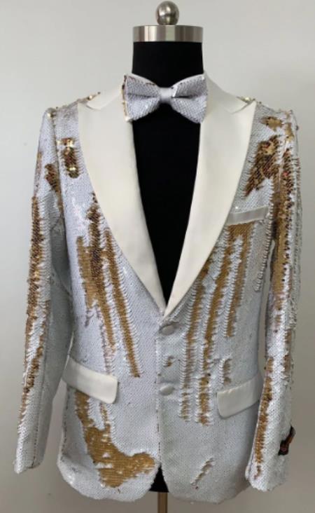 Flashy Mens Suit - Flashy Tuxedo + Pants and Bowtie White ~ Gold