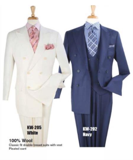 Mens 3 Piece Double Breasted White ~ Navy Blue Suit