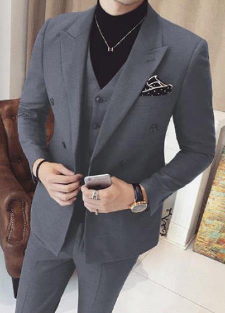 Mens 3 Piece Double Breasted Grey Suit