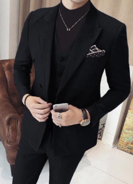 Mens 3 Piece Double Breasted Black Suit