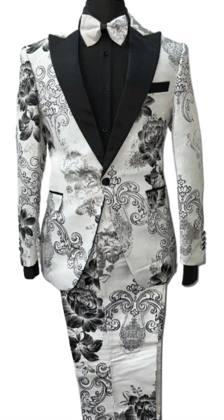 Mens Paisley Pattern Suit White and Black
