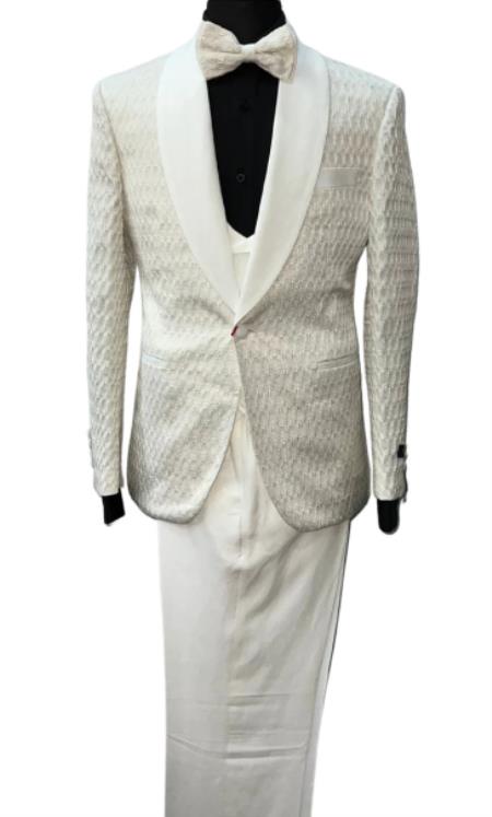 Mens One Button Shawl Lapel 3-Piece Suit Slim Fit Ivory Suit