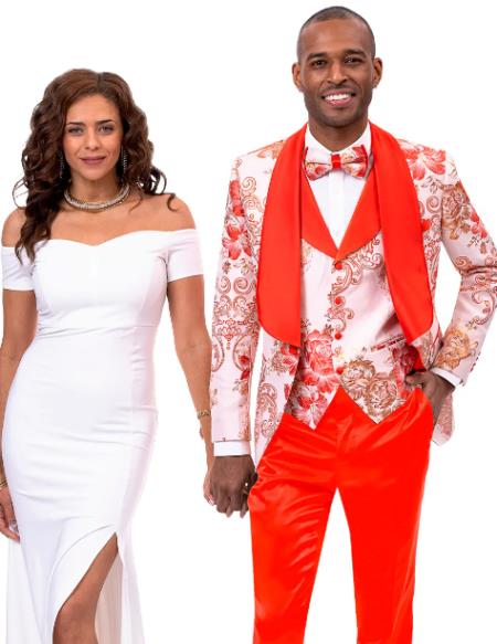 Mens Vested Paisley Pattern and Wedding Tuxedo in Peach and Orange