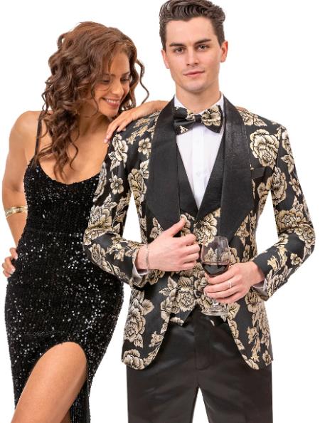 Mens Vested Paisley Pattern and Wedding Tuxedo in Black and Gold