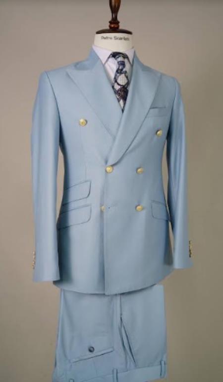 100% Wool Double Breasted Blazer with Gold Buttons - Sky Blue Sport Coat
