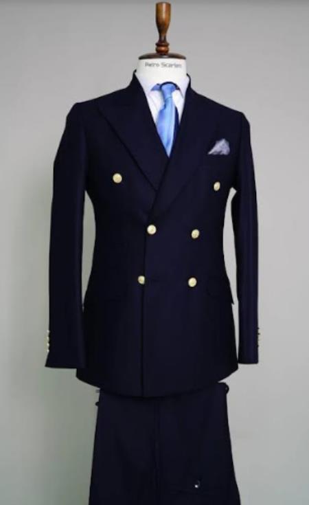 100% Wool Double Breasted Blazer with Gold Buttons - Navy Blue Sport Coat