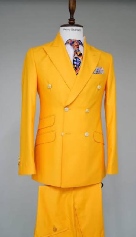 100% Wool Double Breasted Blazer with Gold Buttons - Yellow Sport Coat