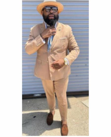 Mens 'Bronze - Tan Pinstripe - Camel' Double Breasted Pinstripe Suit - Flat Front Pants