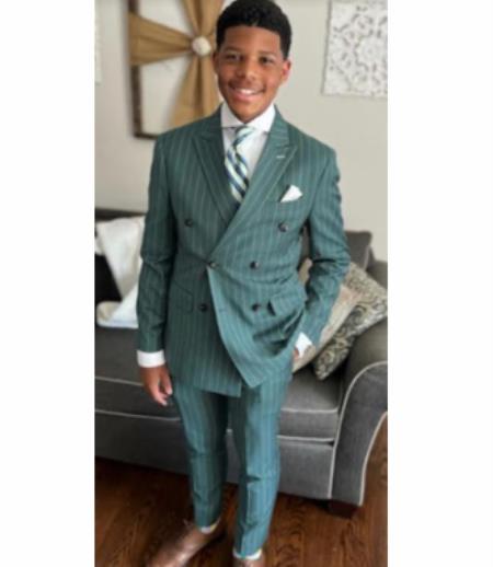 Mens 'Hunter Green - Olive Green' Double Breasted Pinstripe Suit - Flat Front Pants