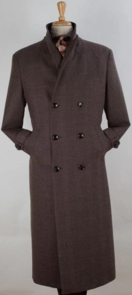 Mens 100% Wool Full Length Length Top Coat - Double Breasted Brown Herringbone