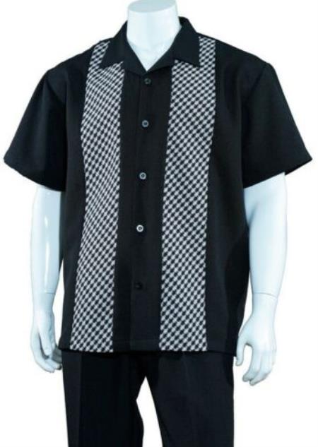 Mens 2pc Walking Suit Short Sleeve Casual Shirt and Pants Set Black