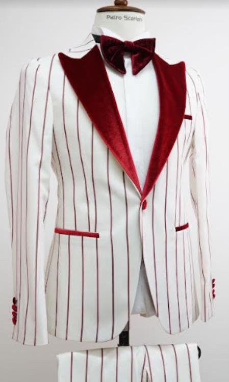 Vintage Tuxedo - White Wedding Suit - White and Red Pinstripe Groom Prom Suit