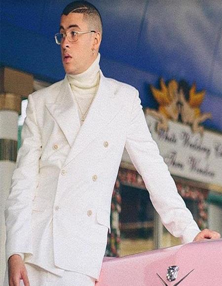 Bad Bunny Suit - White Double Breasted Suit with Gold Buttons - Mens Custom