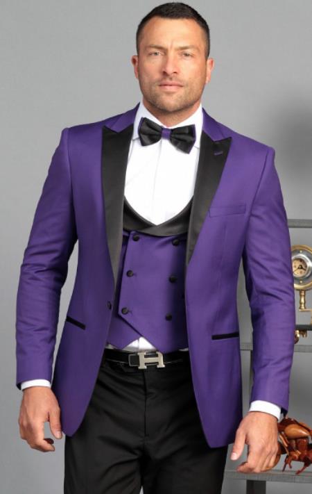 Mens One Button Peak Label Suit Purple