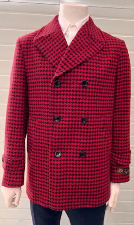 Mens Red Peacoat - Houndstooth Red and Black Pattern Wool Car Coat