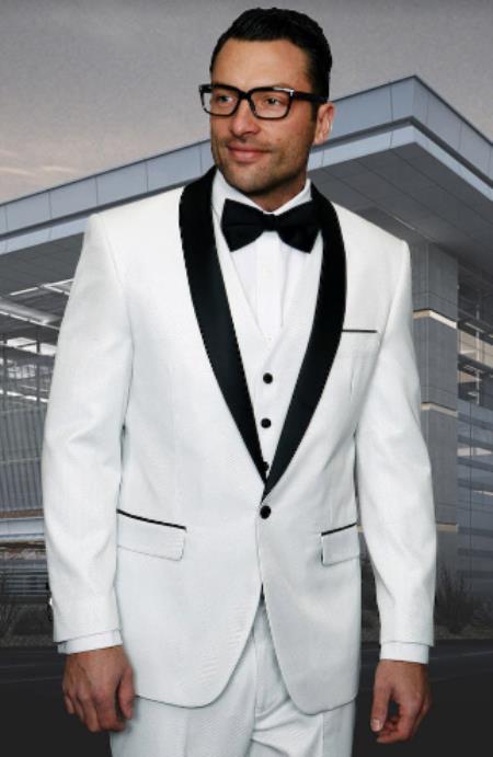 White Shiny Tuxedo Vested Suit - Sateen Sharkskin Fabric Groom Suit