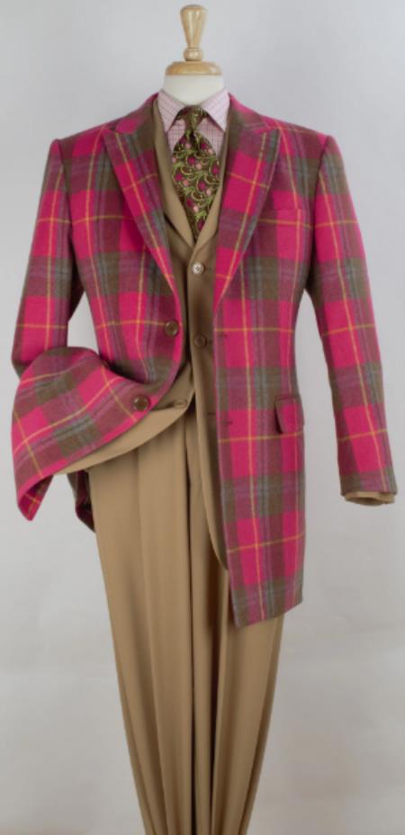 Mens Pink Windowpane Overcoat - Mens Wool Car Coat - Plaid S 3/4 Length Top Coat - 100% Wool