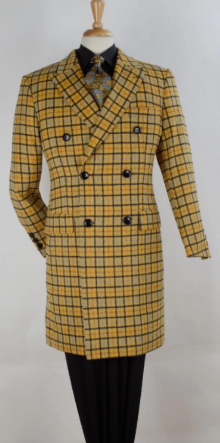Mens Yellow Windowpane Overcoat - Mens Wool Car Coat - Plaid S 3/4 Length Top Coat - 100% Wool