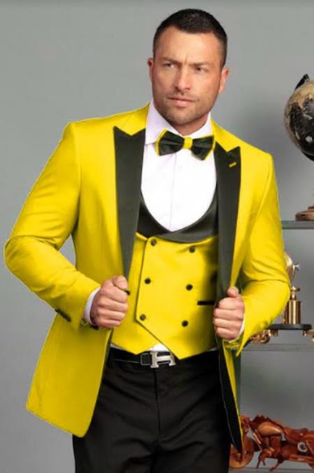 Mens 1 Button Yellow Tuxedo - Peak Lapel With Double Breasted Vest