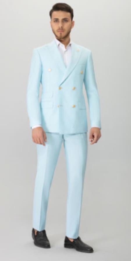 Double Breasted Suits With Gold Buttons - 100% Wool Light Blue - Sky Blue Summer Color Suit