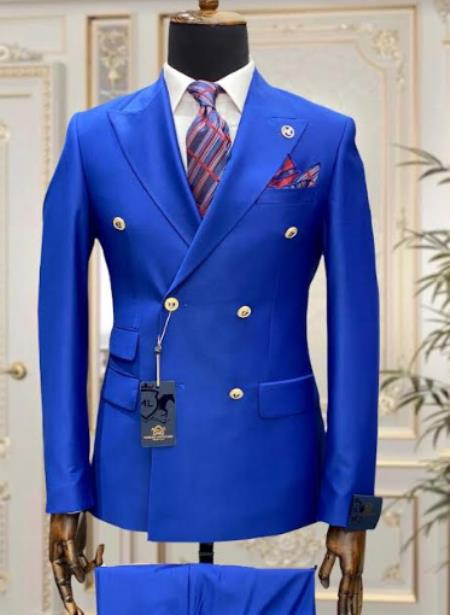 Mens Royal Blue Double Breasted Suit - 100% Wool Suit