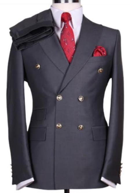Charcoal Grey Wool Double Breasted Suit - With Brass Buttons Flat Front Pants Slim Fit 