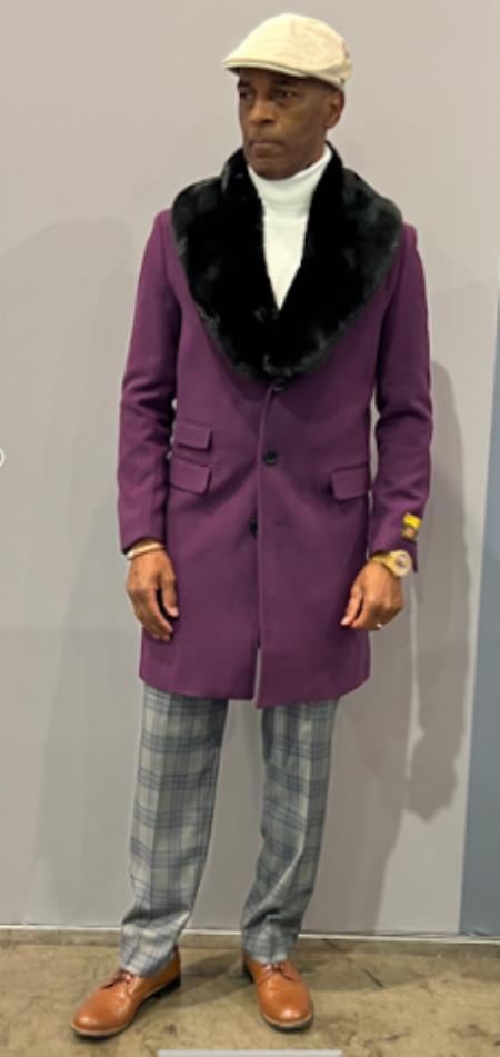 Mens Purple Overcoat With Fur Collar - Purple Wool Topcoat