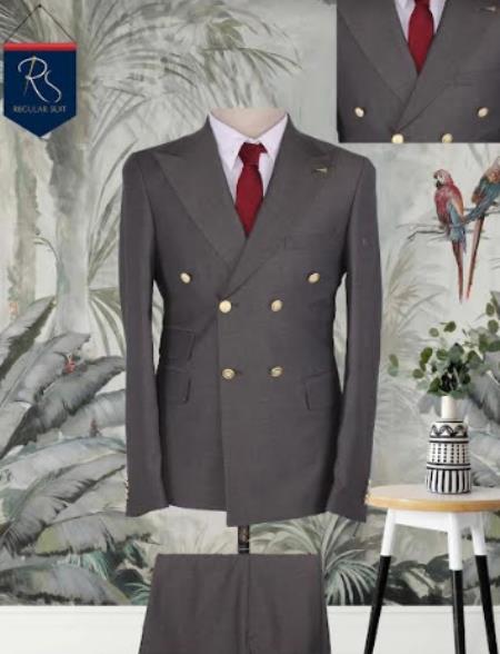 Mens Charcoal Grey Wool Double Breasted Suit - With Brass Buttons Flat Front Pants Slim Fit