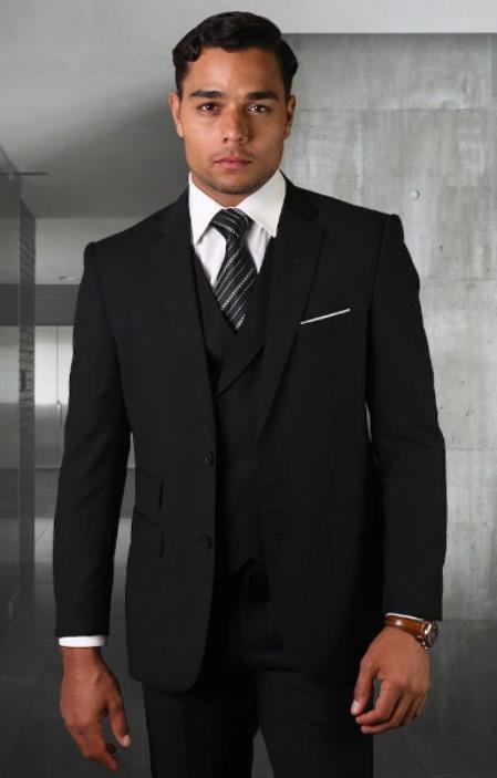 Men's Suit Ticket Pocket - 3 Pocket Black Suit with Double Breasted Vest 100% Wool