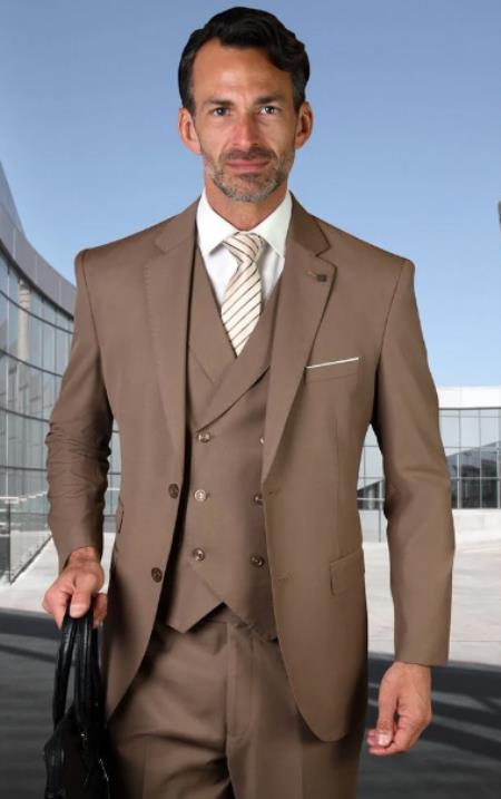 Men's Suit Ticket Pocket - 3 Pocket Bronze Suit with Double Breasted Vest 100% Wool