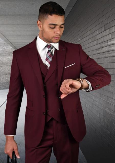 Men's Suit Ticket Pocket - 3 Pocket Burgundy Suit with Double Breasted Vest 100% Wool