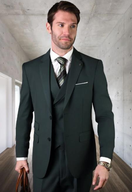 Men's Suit Ticket Pocket - 3 Pocket Hunter Green Suit with Double Breasted Vest 100% Wool