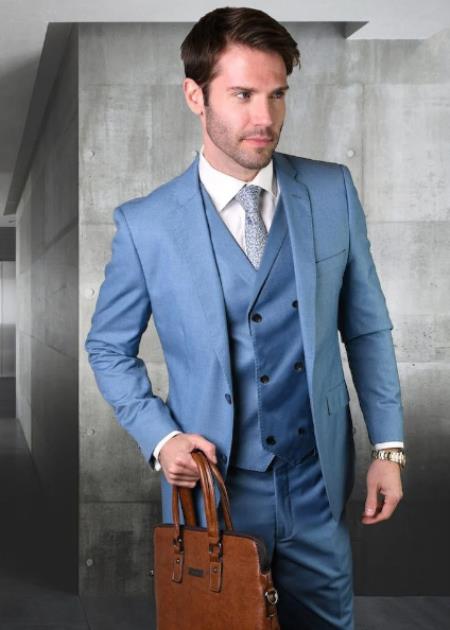 Men's Suit Ticket Pocket - 3 Pocket Steel Blue Suit with Double Breasted Vest 100% Wool