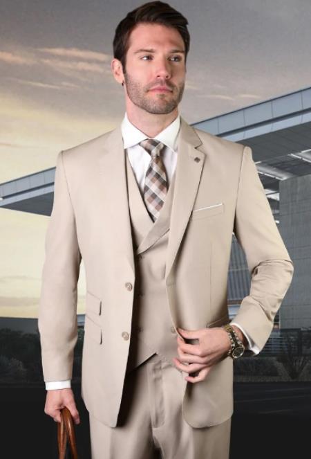 Men's Suit Ticket Pocket - 3 Pocket Tan Suit with Double Breasted Vest 100% Wool