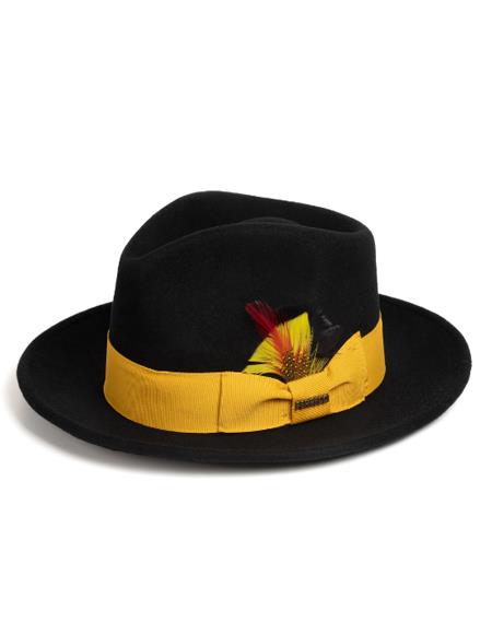Pimp Hat with Feather - Mens Dress Black ~ Gold Hats For Sale - Wool