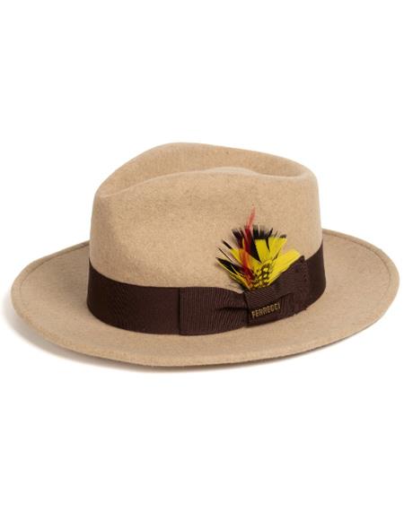 Pimp Hat with Feather - Mens Dress Beige Hats For Sale - Wool