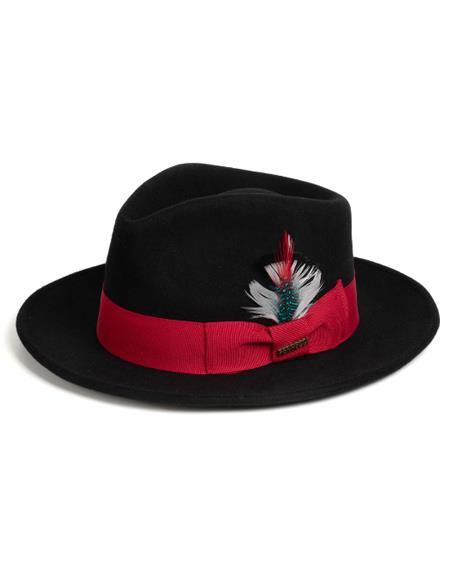 Pimp Hat with Feather - Mens Dress Black ~ Red Hats For Sale - Wool