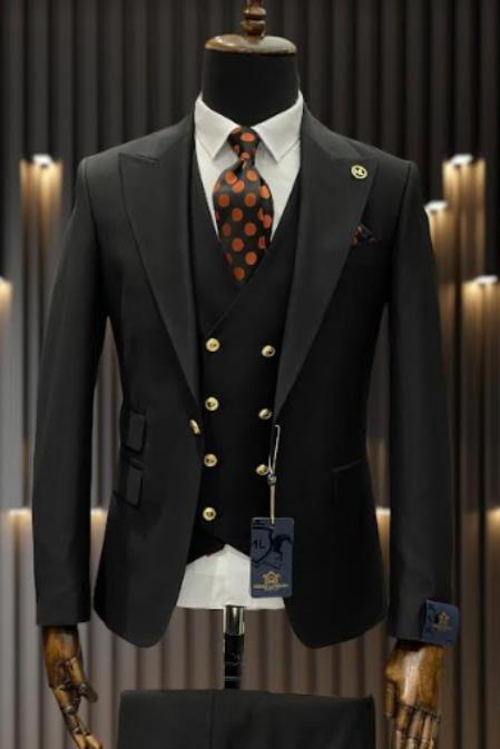 Rossiman Brand Black Suits - 1 Button Suit Peak Lapel Double Breasted Vest